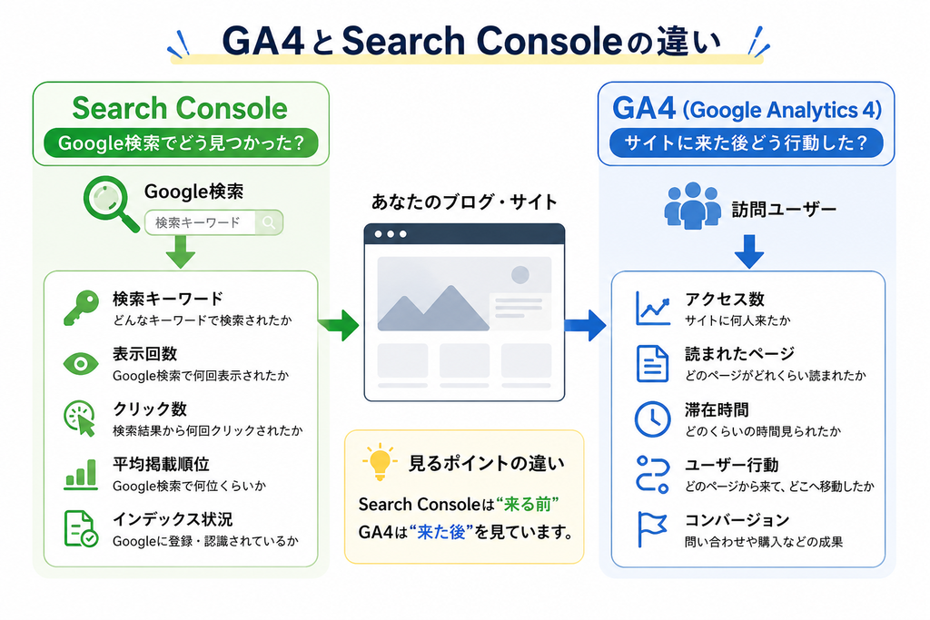 Google Search ConsoleとGA4の違いを比較した図解