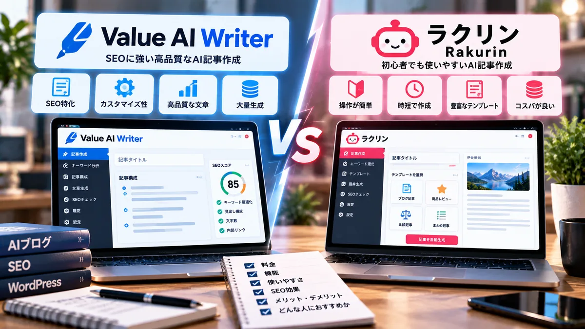 Value AI WriterとラクリンのAI記事作成機能を比較するイメージ