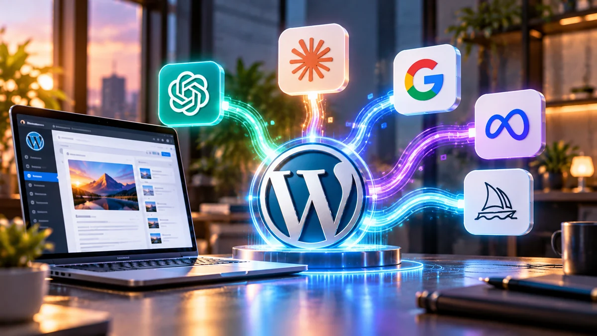 WordPress AI Clientが複数AI providerを共通インターフェースで扱うイメージ