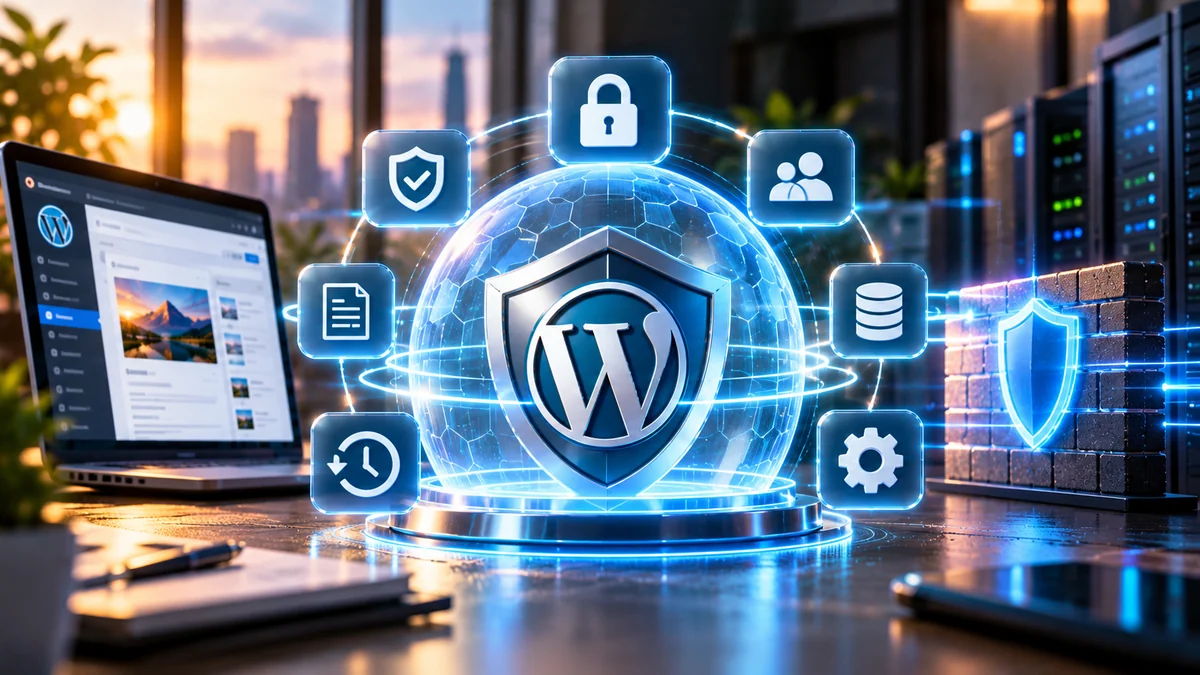 WordPress自動化を権限・承認・監査ログ・rollbackの多層防御で守るイメージ