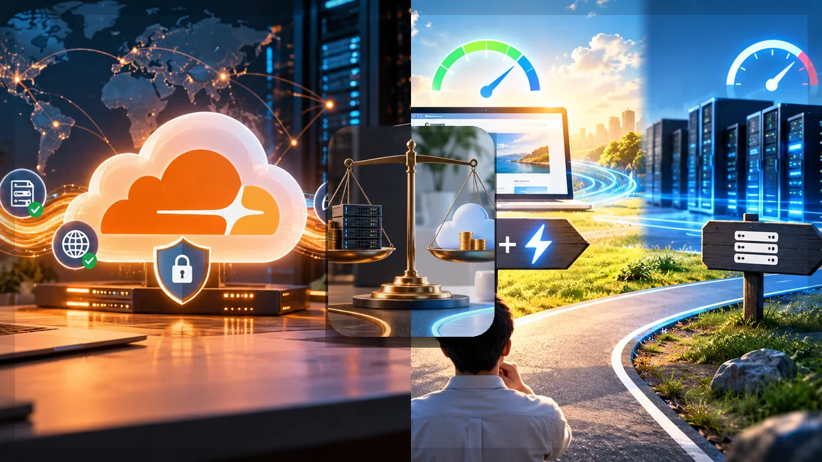 Cloudflare導入とサーバー変更を天秤で比較するイメージ